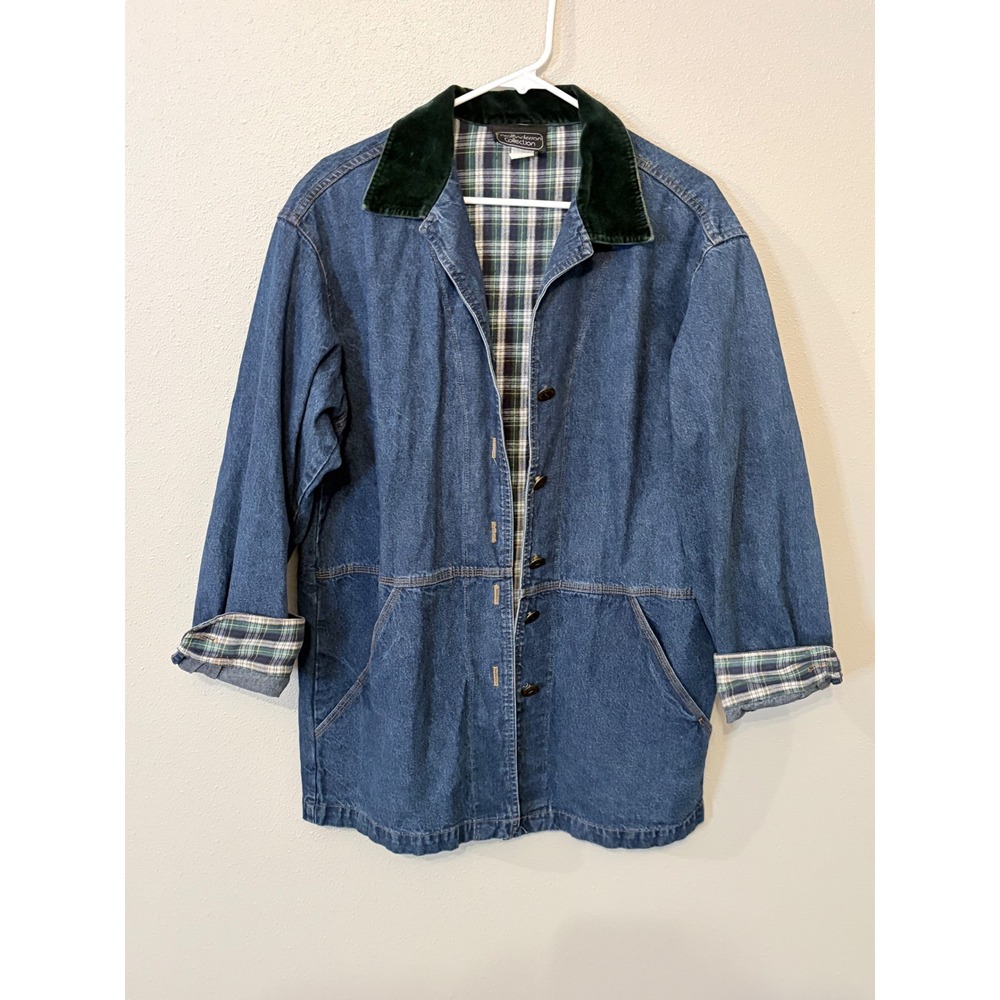 Vintage Carol Anderson Denim Barn chore Jacket Plaid Lined Velvet Collar Medium